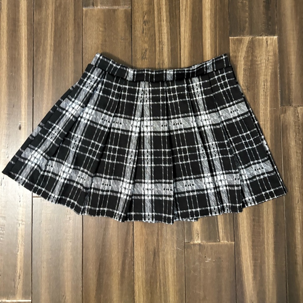 Sz L Plaid Black & White Pleated Checkered Elastic Waist Mini Skirt Y2K Flowy